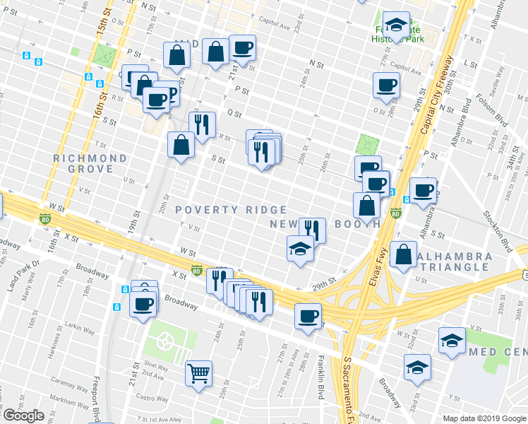 map of restaurants, bars, coffee shops, grocery stores, and more near 2408 Tomato Alley in Sacramento