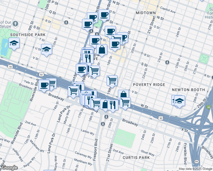 map of restaurants, bars, coffee shops, grocery stores, and more near 2217 18th Street in Sacramento