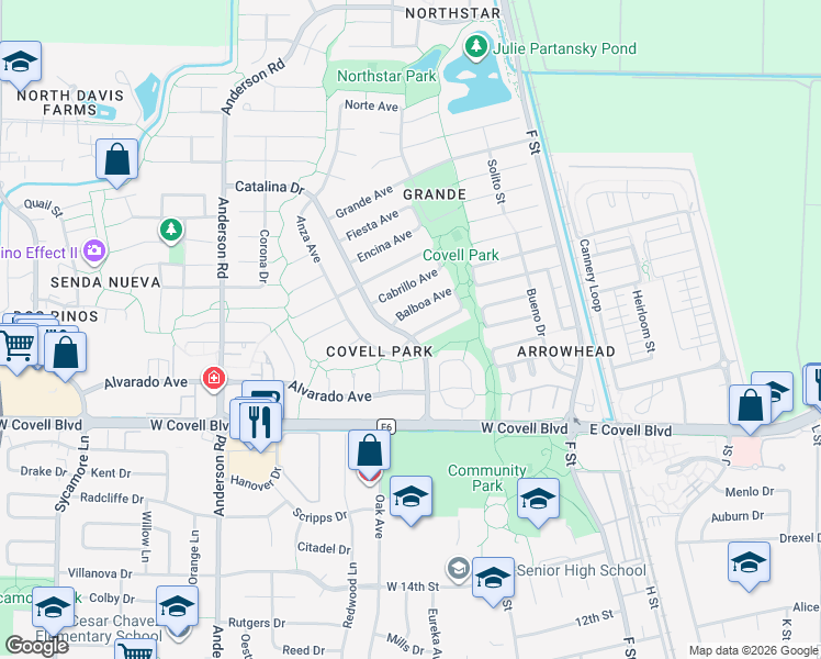 map of restaurants, bars, coffee shops, grocery stores, and more near 412 Anza Avenue in Davis