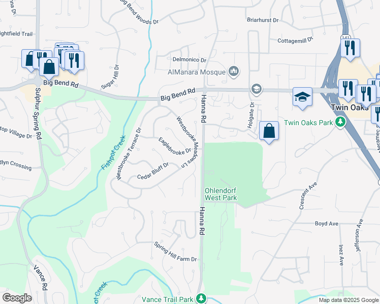 map of restaurants, bars, coffee shops, grocery stores, and more near 1404 Westbrooke Meadows Lane in Ballwin