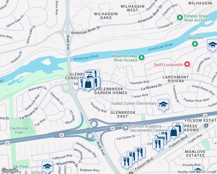 map of restaurants, bars, coffee shops, grocery stores, and more near 8824 La Riviera Drive in Sacramento
