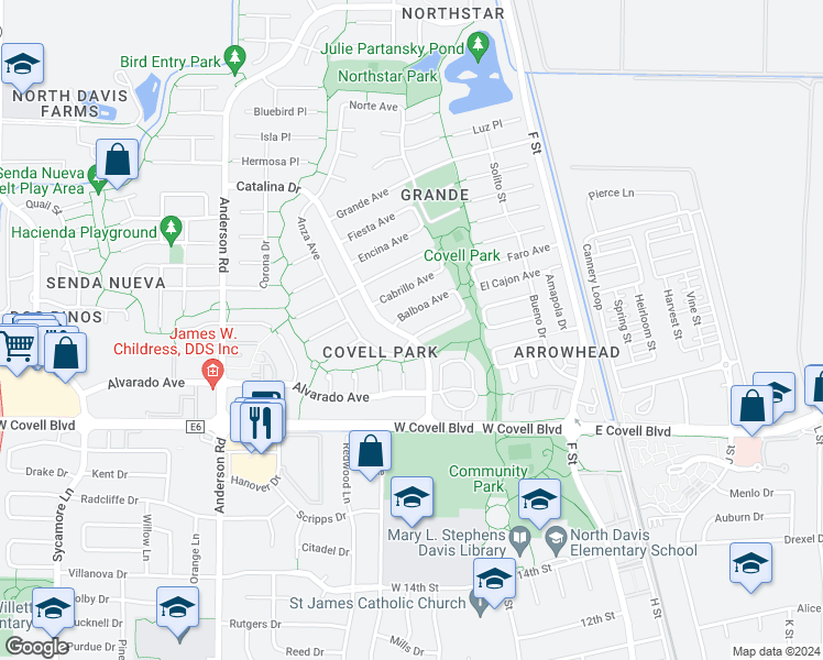 map of restaurants, bars, coffee shops, grocery stores, and more near 427 Anza Avenue in Davis