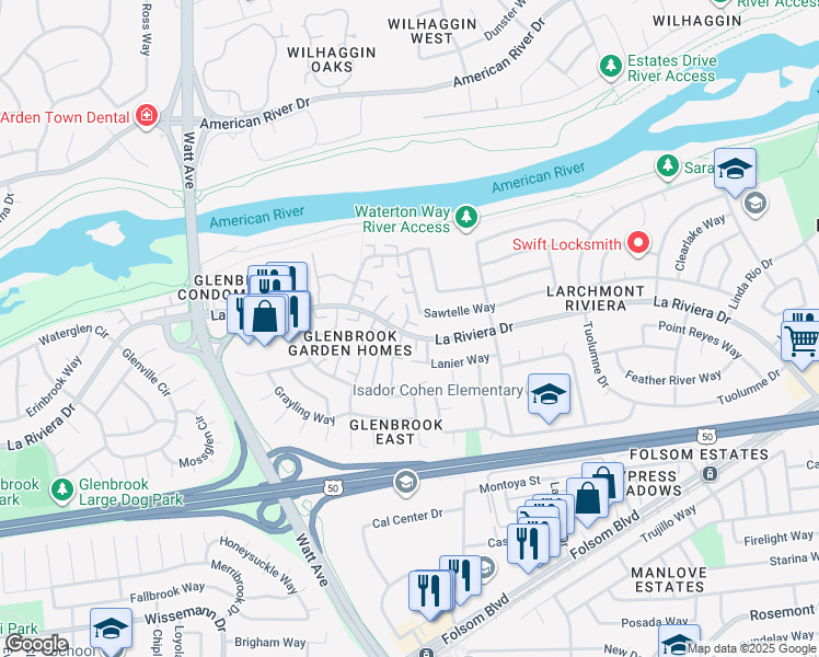 map of restaurants, bars, coffee shops, grocery stores, and more near 8889 La Riviera Drive in Sacramento