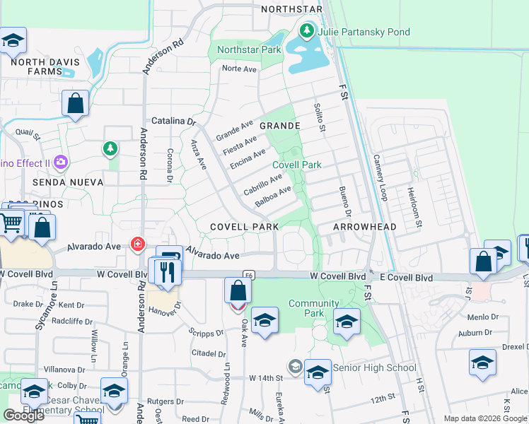 map of restaurants, bars, coffee shops, grocery stores, and more near 412 Anza Avenue in Davis