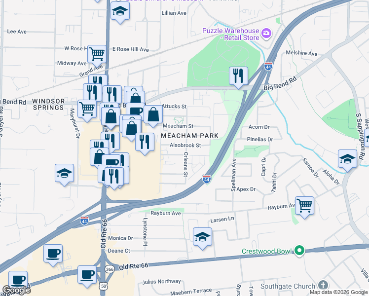 map of restaurants, bars, coffee shops, grocery stores, and more near 348 Alsobrook Street in Kirkwood