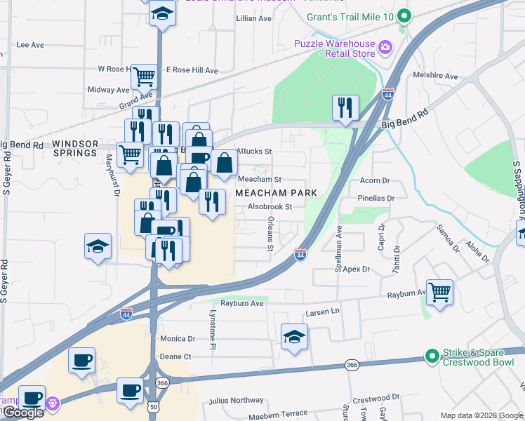 map of restaurants, bars, coffee shops, grocery stores, and more near 335 Electric Street in Kirkwood
