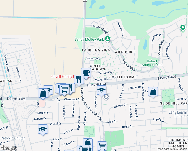 map of restaurants, bars, coffee shops, grocery stores, and more near 1818 Renoir Avenue in Davis