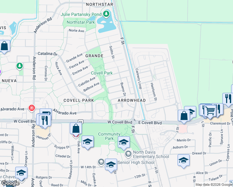 map of restaurants, bars, coffee shops, grocery stores, and more near 265 Baja Avenue in Davis