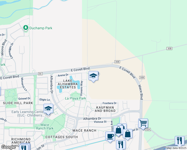 map of restaurants, bars, coffee shops, grocery stores, and more near 4000 East Covell Boulevard in Davis