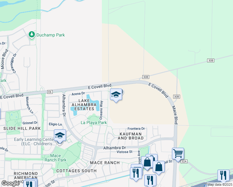 map of restaurants, bars, coffee shops, grocery stores, and more near 4000 East Covell Boulevard in Davis