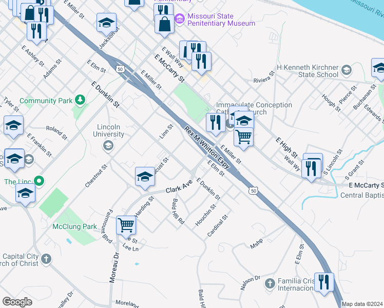 map of restaurants, bars, coffee shops, grocery stores, and more near 1122 East Elm Street in Jefferson City
