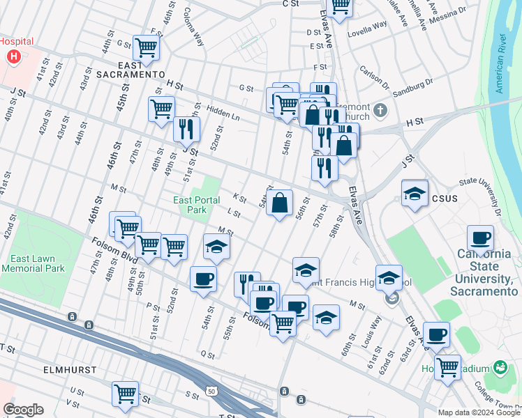 map of restaurants, bars, coffee shops, grocery stores, and more near K St & 54th St in Sacramento