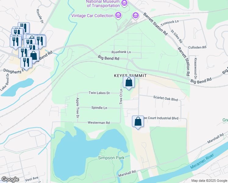 map of restaurants, bars, coffee shops, grocery stores, and more near 13245 Twin Lakes Drive in Saint Louis