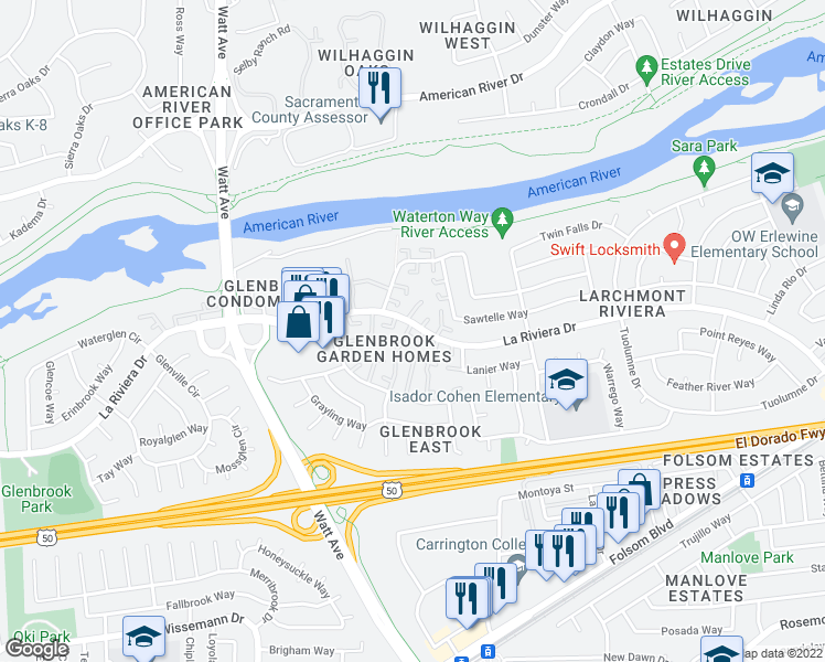 map of restaurants, bars, coffee shops, grocery stores, and more near 8868 La Riviera Drive in Sacramento