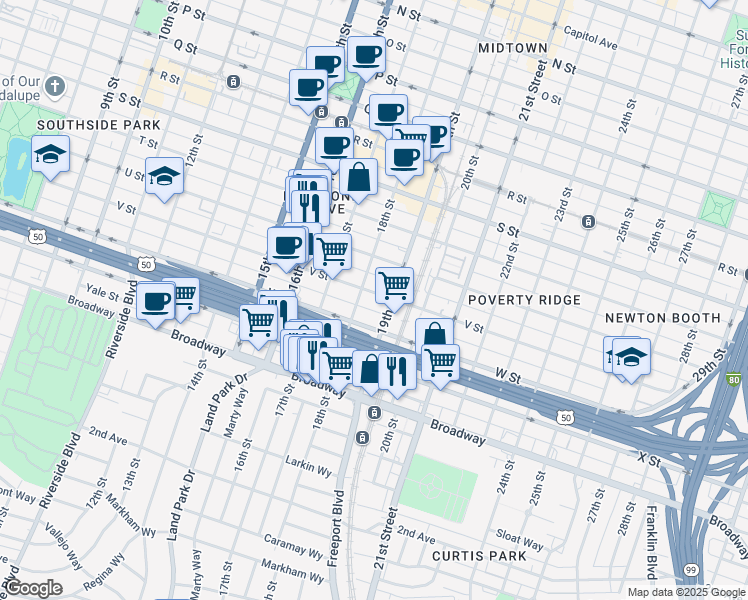 map of restaurants, bars, coffee shops, grocery stores, and more near 1814 V Street in Sacramento