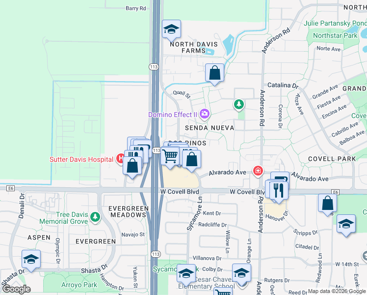 map of restaurants, bars, coffee shops, grocery stores, and more near 2444 Sycamore Lane in Davis