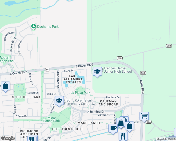 map of restaurants, bars, coffee shops, grocery stores, and more near 1810 Oceano Way in Davis