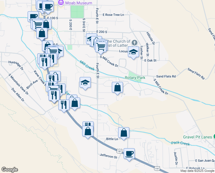 map of restaurants, bars, coffee shops, grocery stores, and more near 451 Kachina Way in Moab
