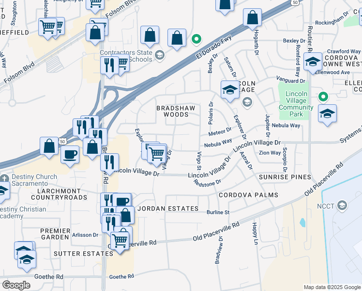 map of restaurants, bars, coffee shops, grocery stores, and more near 9816 Mars Way in Sacramento