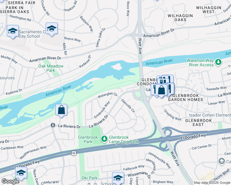 map of restaurants, bars, coffee shops, grocery stores, and more near 165 Waterglen Circle in Sacramento