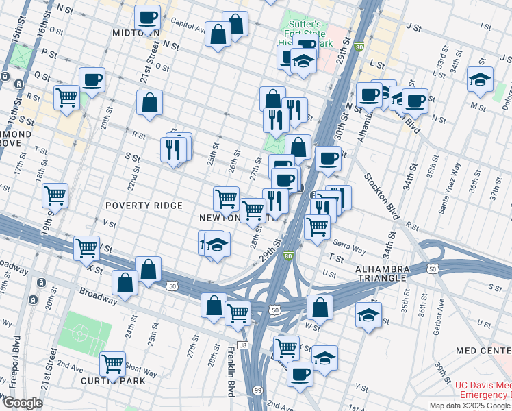map of restaurants, bars, coffee shops, grocery stores, and more near 2713 T Street in Sacramento
