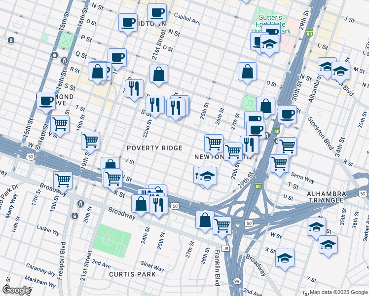 map of restaurants, bars, coffee shops, grocery stores, and more near 2408 Tomato Alley in Sacramento