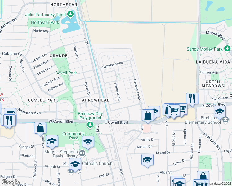 map of restaurants, bars, coffee shops, grocery stores, and more near 1680 Heirloom Street in Davis