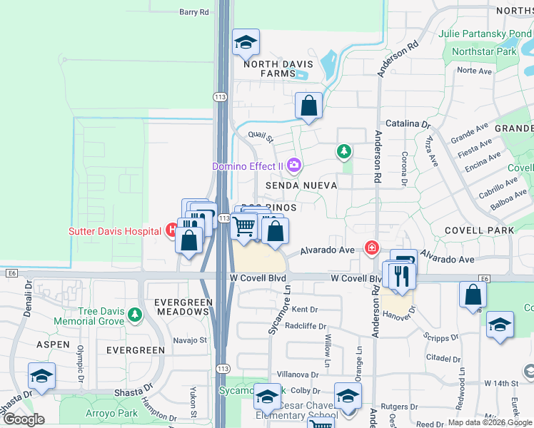 map of restaurants, bars, coffee shops, grocery stores, and more near 2300 Sycamore Lane in Davis