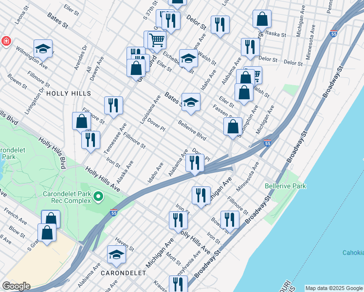 map of restaurants, bars, coffee shops, grocery stores, and more near 704 Dover Place in St. Louis