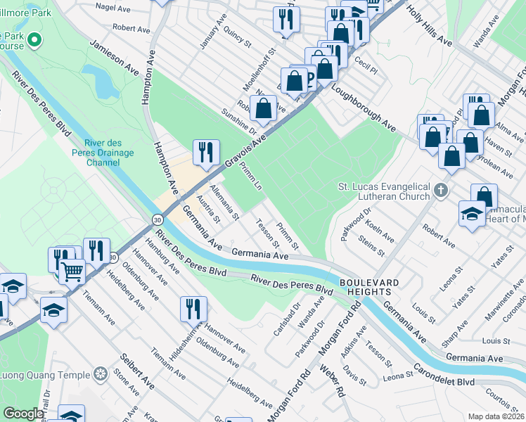 map of restaurants, bars, coffee shops, grocery stores, and more near 4719 Tesson Street in St. Louis