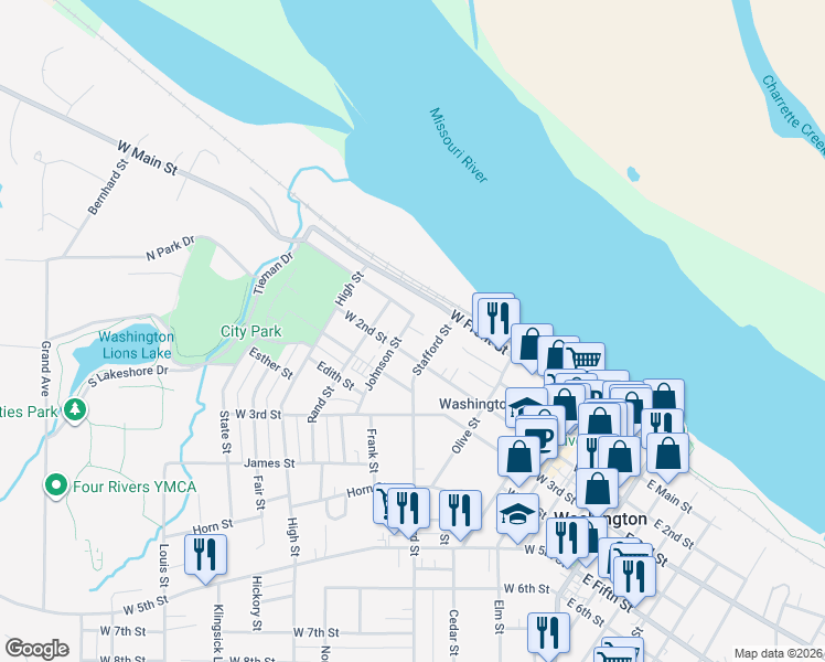 map of restaurants, bars, coffee shops, grocery stores, and more near 623 West 2nd Street in Washington