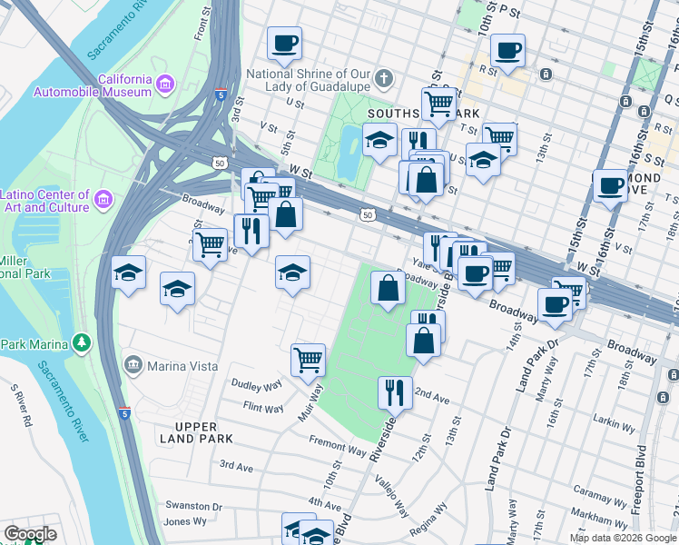 map of restaurants, bars, coffee shops, grocery stores, and more near 728 Warner Street in Sacramento