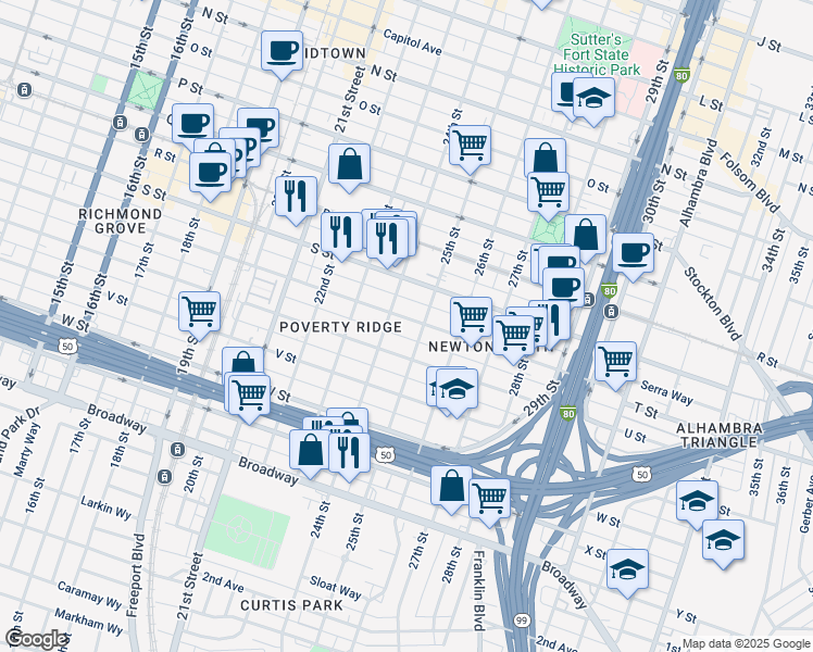 map of restaurants, bars, coffee shops, grocery stores, and more near 2408 Tomato Alley in Sacramento
