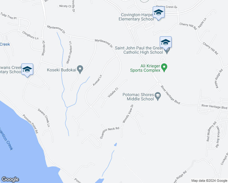 map of restaurants, bars, coffee shops, grocery stores, and more near Vidalia Court in Dumfries