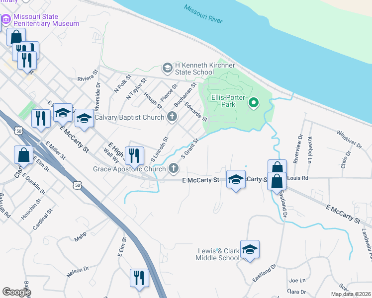 map of restaurants, bars, coffee shops, grocery stores, and more near 92 Grant Street in Jefferson City