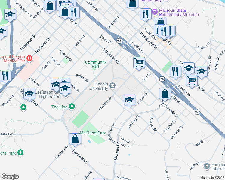 map of restaurants, bars, coffee shops, grocery stores, and more near 820 Chestnut Street in Jefferson City