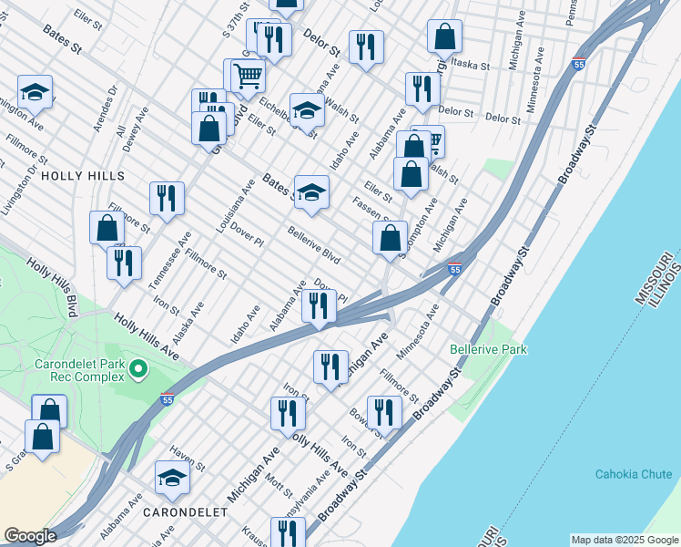 map of restaurants, bars, coffee shops, grocery stores, and more near 533 Dover Place in St. Louis