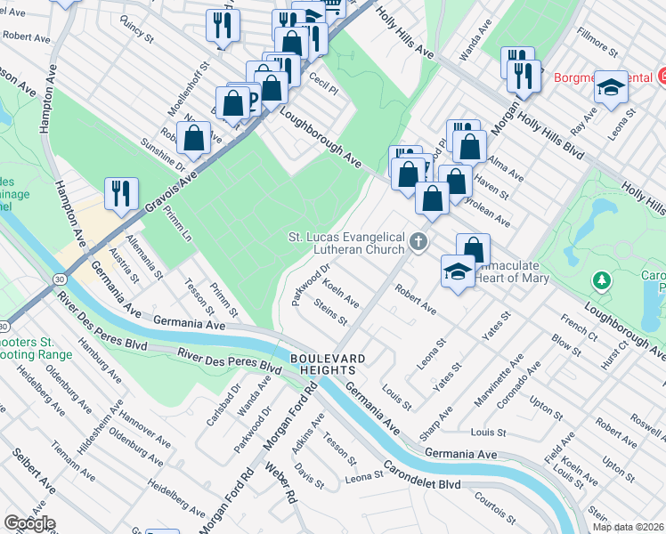 map of restaurants, bars, coffee shops, grocery stores, and more near 4340 Sunshine Drive in St. Louis