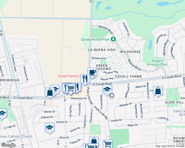 map of restaurants, bars, coffee shops, grocery stores, and more near 1724 Picasso Avenue in Davis