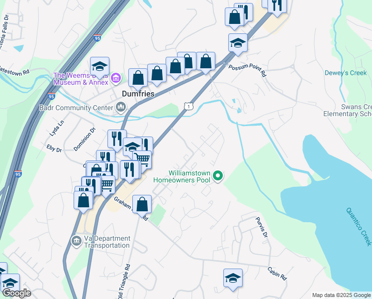 map of restaurants, bars, coffee shops, grocery stores, and more near 1515 Fort Sumter Court in Dumfries