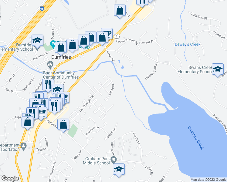 map of restaurants, bars, coffee shops, grocery stores, and more near 17905 Milroy Drive in Dumfries