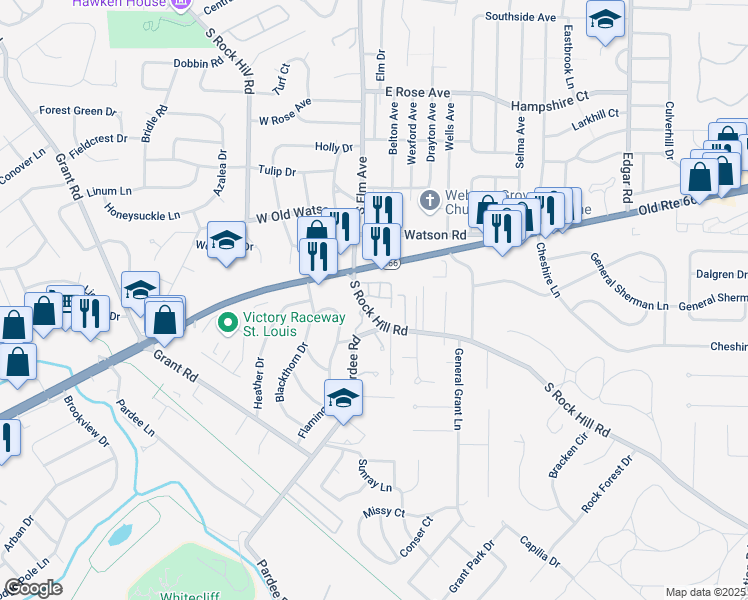 map of restaurants, bars, coffee shops, grocery stores, and more near 8524 Titchfield Court in Affton
