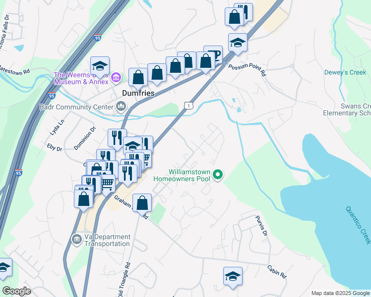 map of restaurants, bars, coffee shops, grocery stores, and more near 1515 Fort Sumter Court in Dumfries