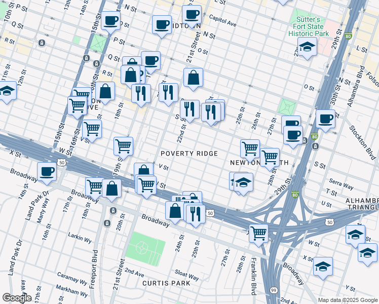 map of restaurants, bars, coffee shops, grocery stores, and more near 2212 U Street in Sacramento