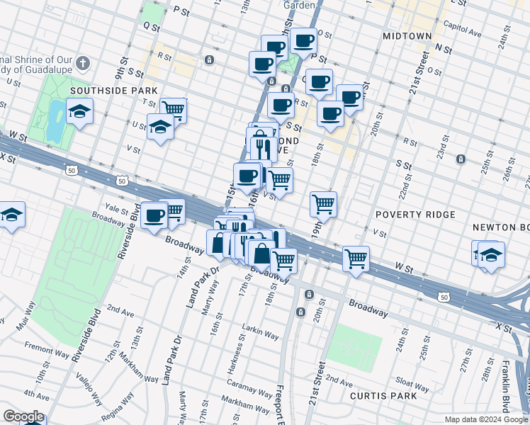 map of restaurants, bars, coffee shops, grocery stores, and more near 2225 16th Street in Sacramento