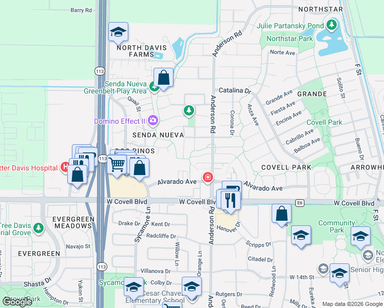 map of restaurants, bars, coffee shops, grocery stores, and more near 746 Bianco Court in Davis