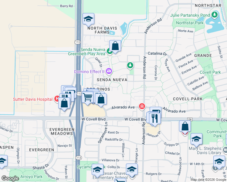 map of restaurants, bars, coffee shops, grocery stores, and more near 1202 Antelope Avenue in Davis