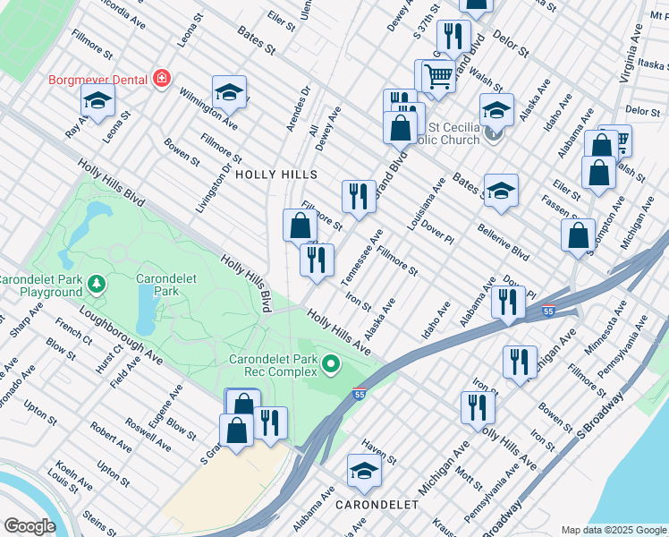 map of restaurants, bars, coffee shops, grocery stores, and more near 6164 South Grand Boulevard in St. Louis