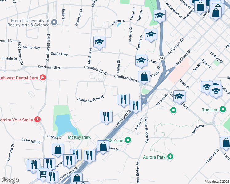 map of restaurants, bars, coffee shops, grocery stores, and more near 1221 Southgate Lane in Jefferson City