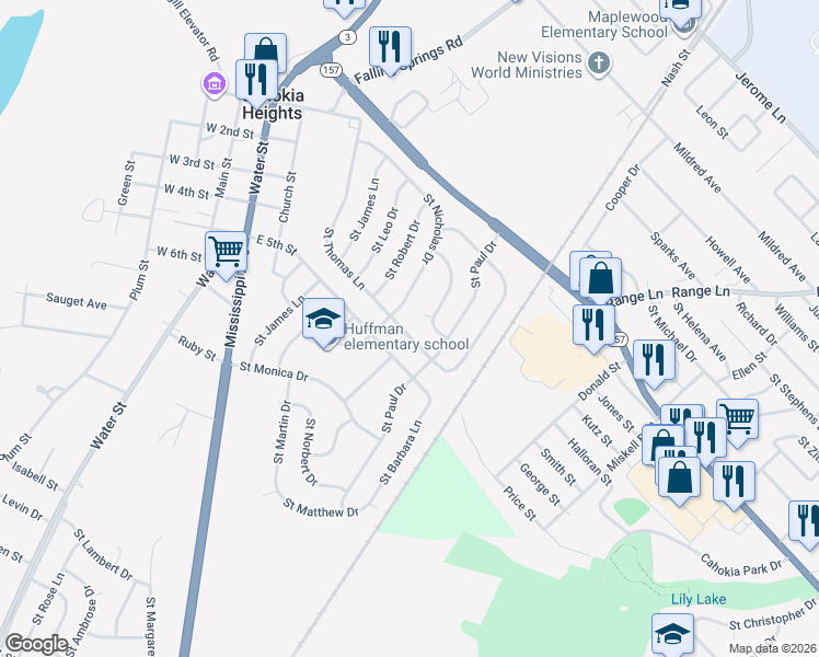 map of restaurants, bars, coffee shops, grocery stores, and more near 810 Saint Thomas Lane in Cahokia
